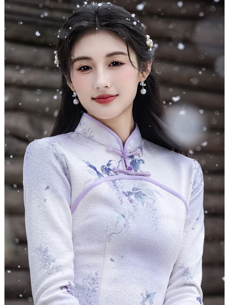 

Элегантное флисовое платье-ципао с цветочной вышивкой для женщин, эластичное, винтажное, зимнее, модное, для работы, фиолетовое