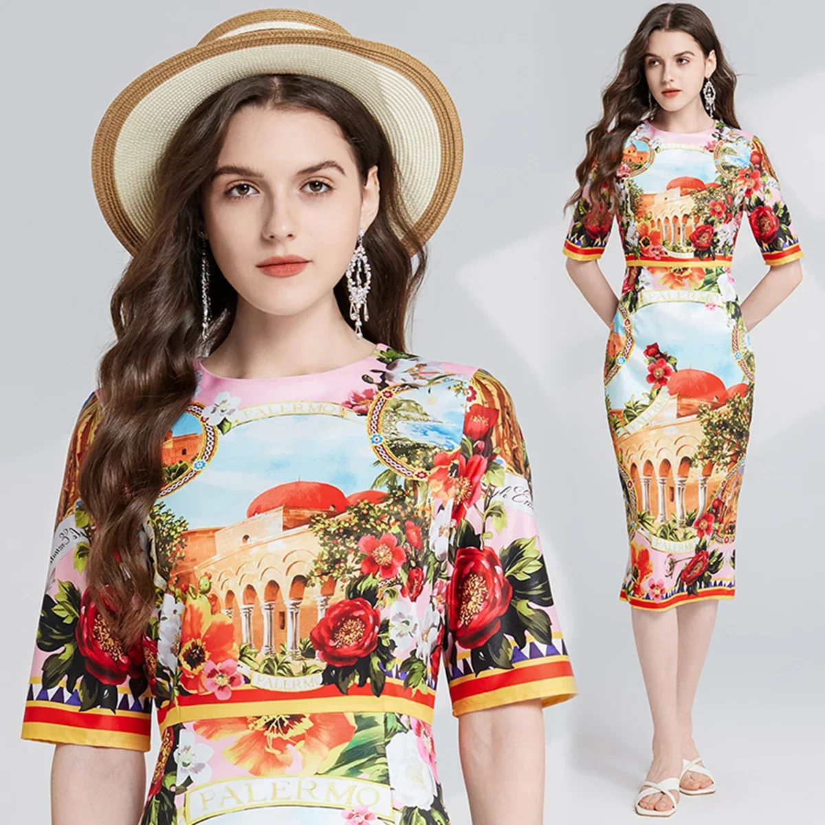 

European and American architectural landscape pattern slim fit hip hugging dress high waist round neck mid sleeve skirt