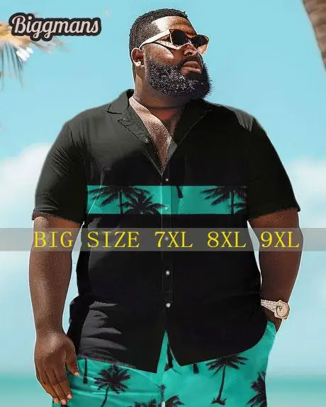 

Biggmans Shirt Plus Size L-9XL for Summer Beach Men's Oversize Business Print Short Sleeve Shirt Shorts Top 7XL 8XL 9XL