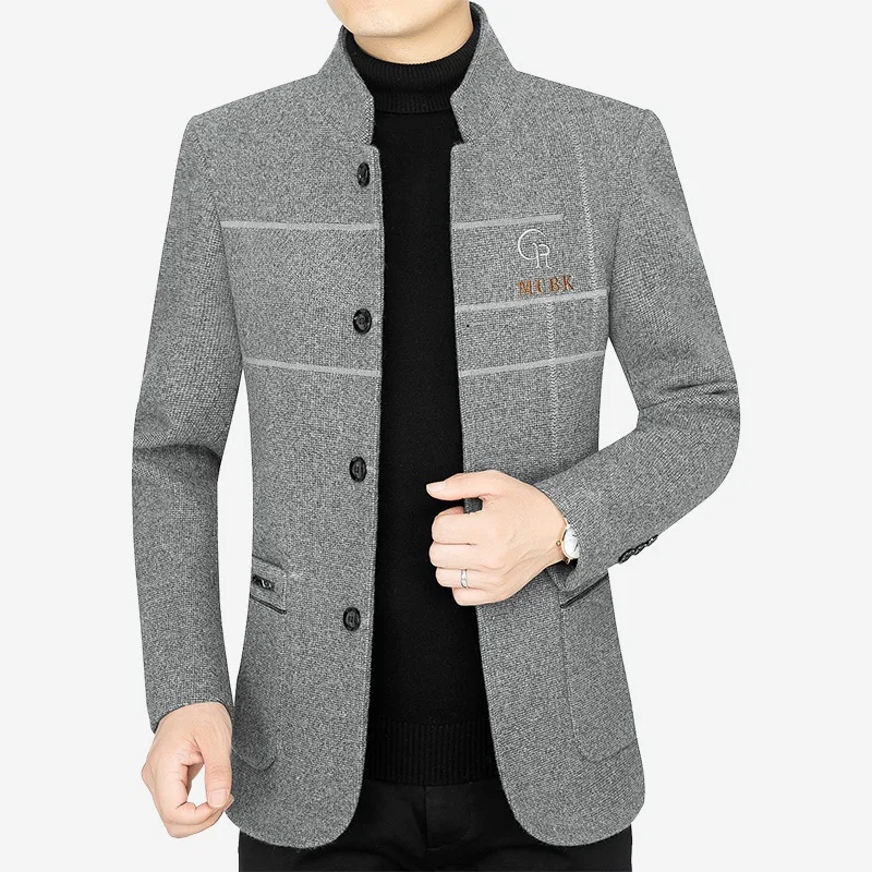 New Autumn Men Stand Collar Cashmere Woolen Blends Blazers Suits Jackets Men's Business Casual Trench Coats Slim Blazers Suits 4