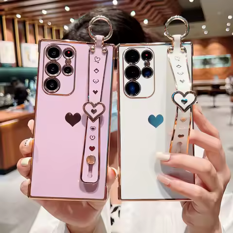 Luxury Wrist Strap Holder Love Heart Case For Samsung S24 S25 Ultra S23 S22 S21 S23Plus A53 A52 A33 A23 5G Shockproof Cute Cover