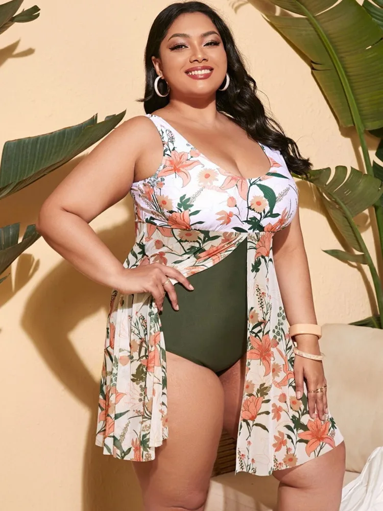 Plus Size Swimsuit Skirt Women 2023 Print Bikini One-Piece Swimwear Summer Beach Bathing Suit Conservative Swimdress 4XL Tankini