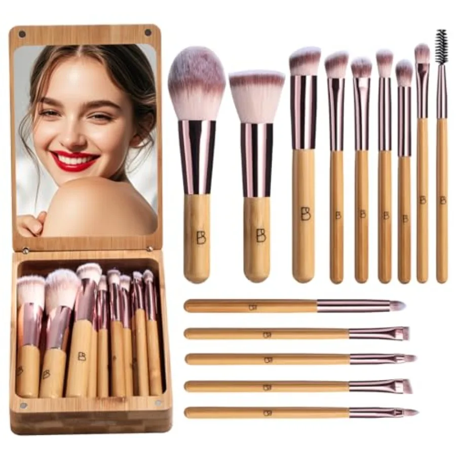 Reismake-upborstelset Bamboeborstels Foundation Poeder Concealers Oogschaduw Make-upset met spiegelkoffer 14-delig