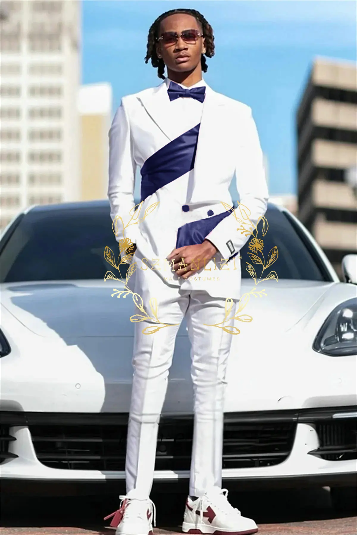 Latest Coat Pant Design White Double Breasted Peaked Lapel Men Suits Wedding Groomsmen Tuxedo 2 Piece Blazer Sets Clothing
