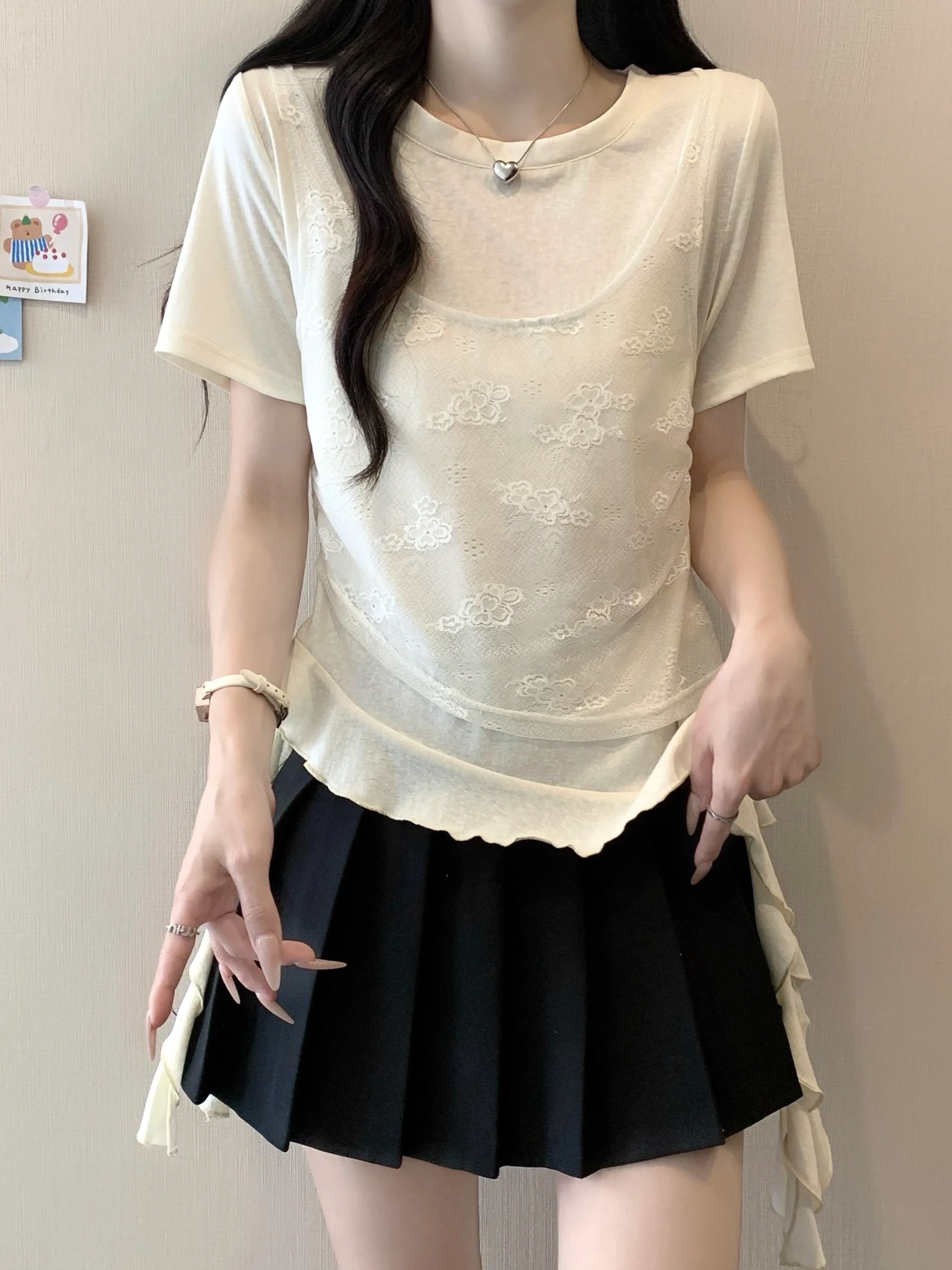 

plus Size Women's Short Sleeve T-Shirt Patchwork Uneven Versatile Design Summer New Style Commute Korean Style round Neck Top