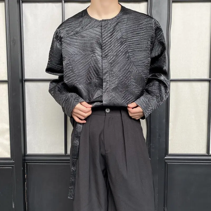 

k Romantic Japanese Sle Men's irt Spring 2026 round Ne Tie Dye Texture Haome Chinese Sle Long Sve Polyester