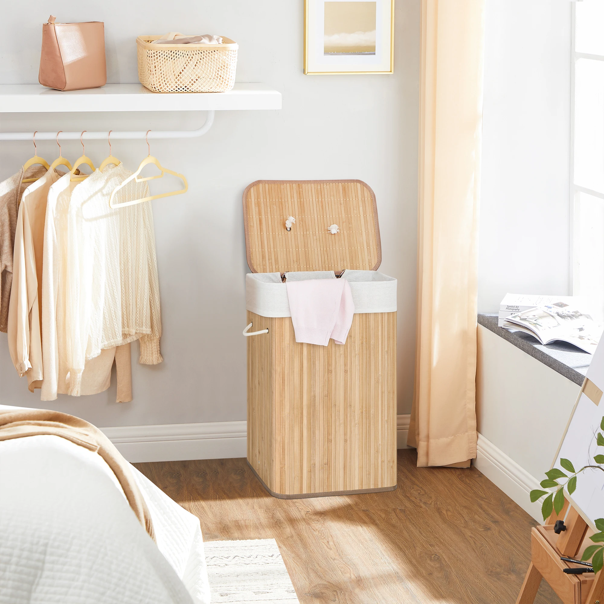 SONGMICS Panier à linge avec couvercle 72L Panier à linge pliable en bambou avec poignées de sac lavables amovibles pour buanderie et chambre à coucher