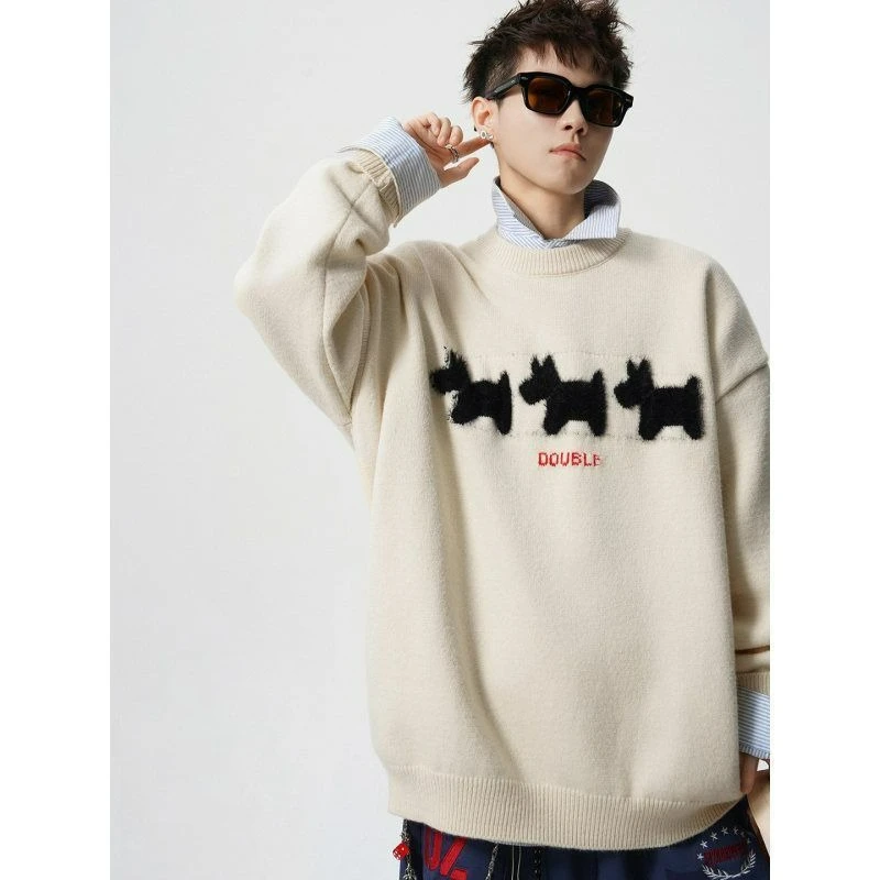 النمط الأمريكي الكرتون طباعة سترة الرجال 2026 شتاء موضة جديدة عادية الجولة الرقبة محبوك سترة فضفاضة تنوعا زوجين