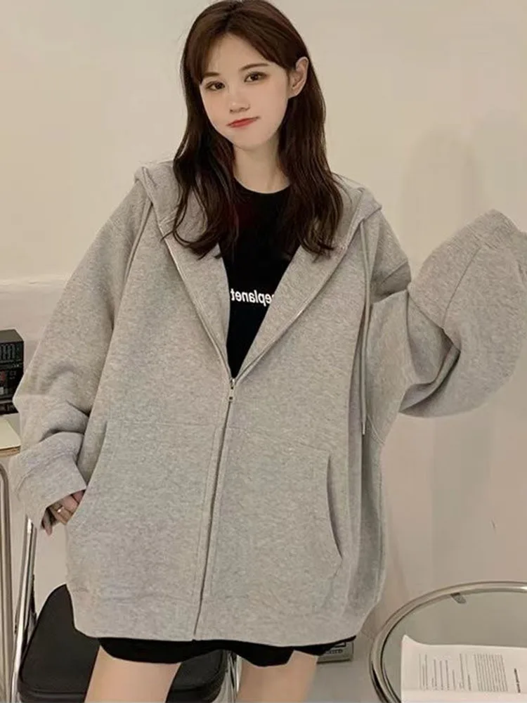 Sweat-shirt surdimensionné pour femmes, décontracté, coréen, manches longues, capuche, fermeture éclair, Y2k, Streetwear, Harajuku, vêtements féminins, noir, automne