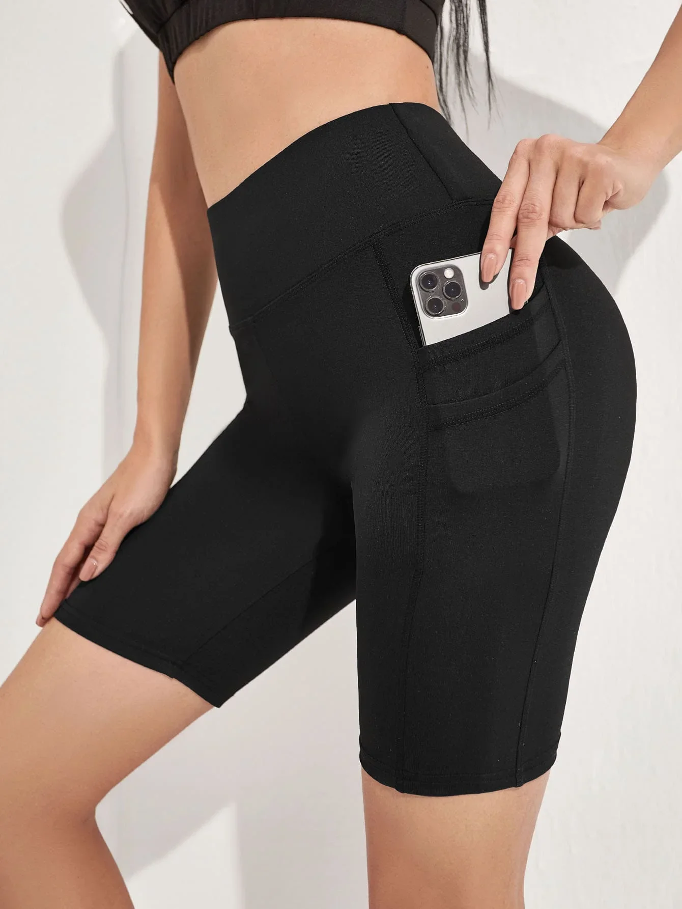 

Sports Solid Biker Shorts With Phone Pocket Sports Wideband Waist Sports Shorts With Phone Pocket Blue ShortsWomen Sweat Short, Gym Short, Biker Short