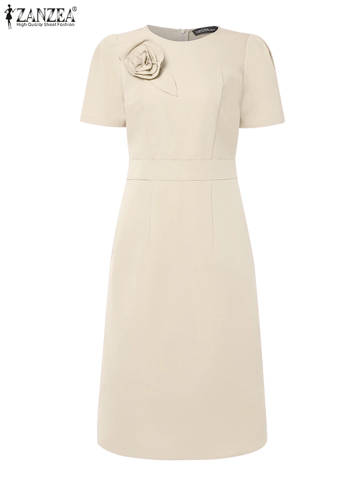 ZANZEA Elegant Party Dresses Women Fashion Short Puff Sleeve Fitted Wasit Fabric Flower Knee-Length Vestidos Summer Solid Robes