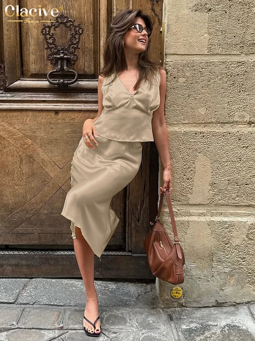 

Clacive Summer Loose Khaki Satin Skirt Set 2 Piece Woman Sexy Sleeveless Tank Top With High Waist Midi Skirt Set Female Clothing