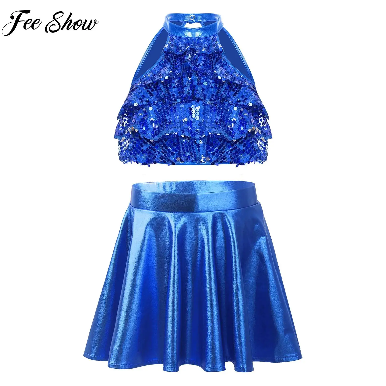 

Teen Girls Shiny Sequin Cheerleading Dance Outfit Sleeveless Crop Top with Skirt Set for Jazz Hip-Hop Dancing Performance Party