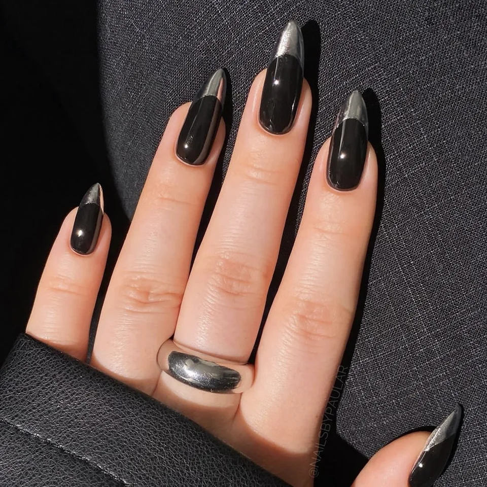 24 uñas postizas negras brillantes, punta stiletto larga, color sólido, removibles, decorativas 4