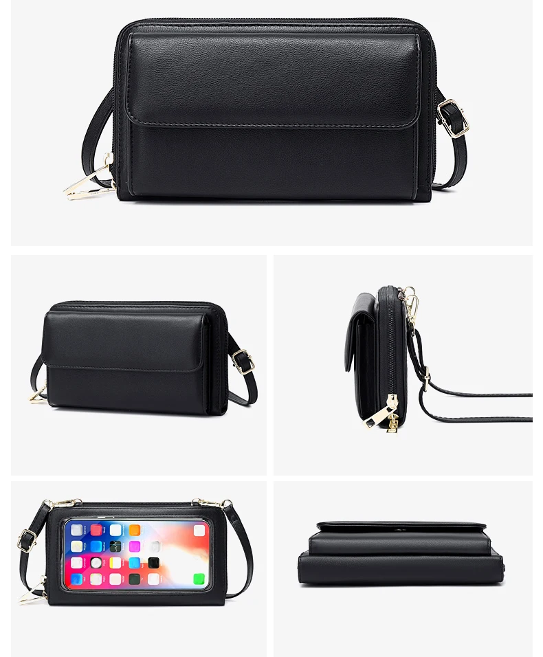 Modische mobile Touchscreen-Geldbörse für Damen – stilvolles, einfarbiges Flip-Design mit sicherem Reißverschluss, verstellbarem Schultergurt – Detail 8