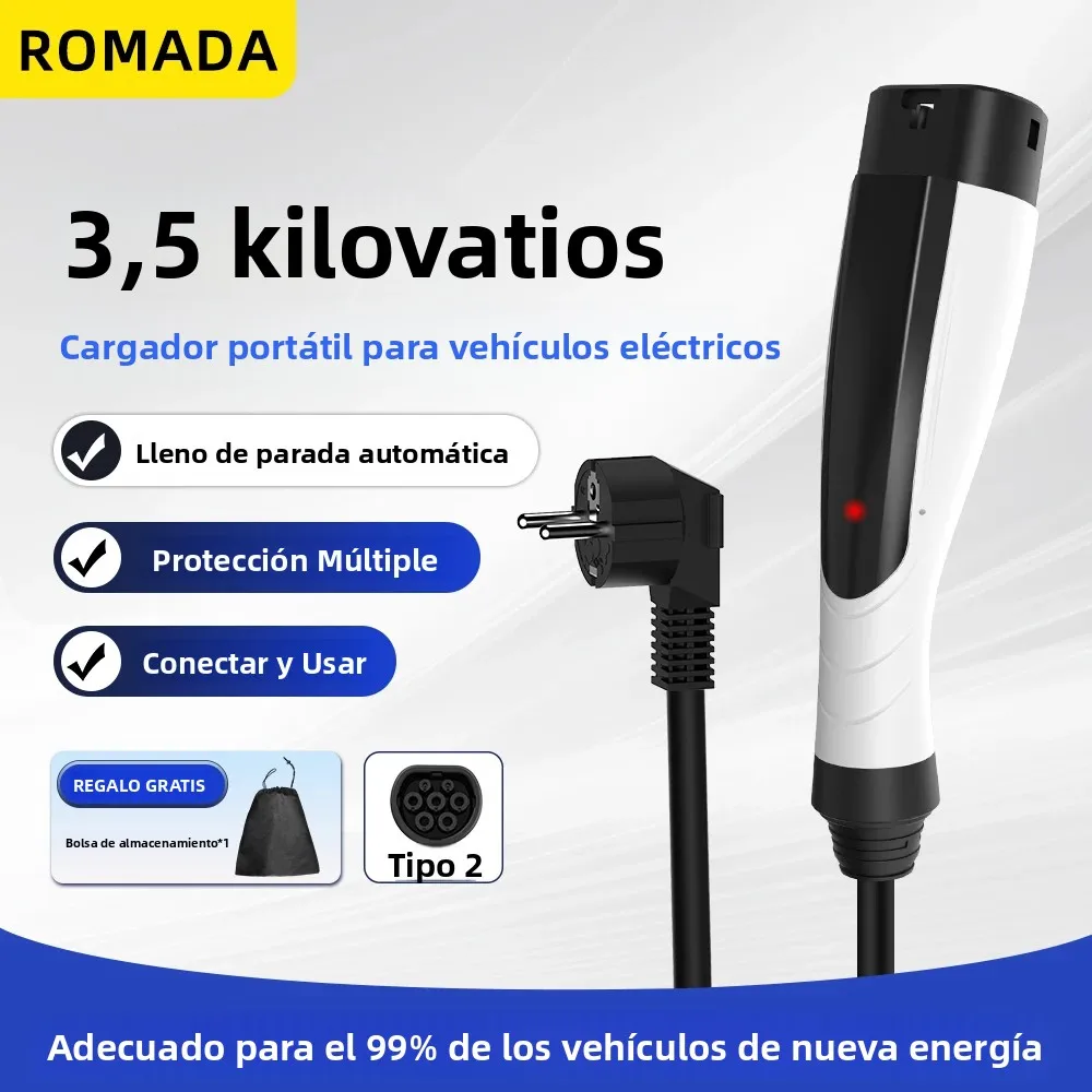 Nuevo cargador EV portátil ROMADA 3.5KW 16A Cable de 3M-10M IEC62196 TYPE2 EVSE enchufe europeo carga rápida segura para vehículos eléctricos CE