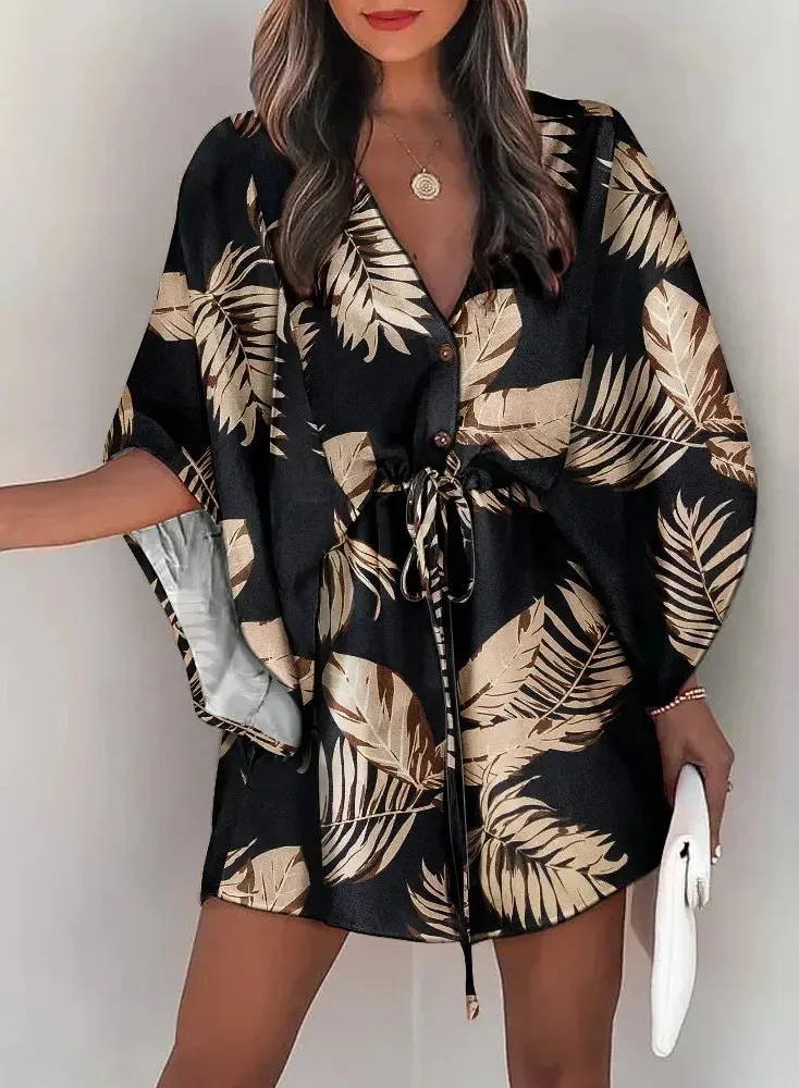 Sommer Kleid Für Frauen Neue Floral Print Fledermaus Halbe Hülse V-ausschnitt Rüschen Unregelmäßigen Saum Weibliche Kleid Casual Boho Frauen kleidung NS8Q