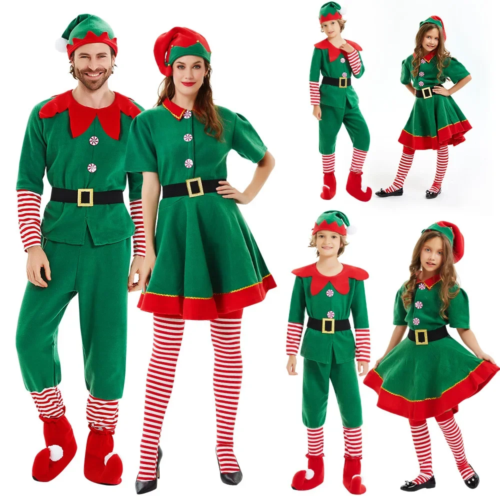 Christmas Elf Family Costume Role Playing Outfit Green Santa Claus Party Performance Fancy Clothing for Men Women Girls Boys