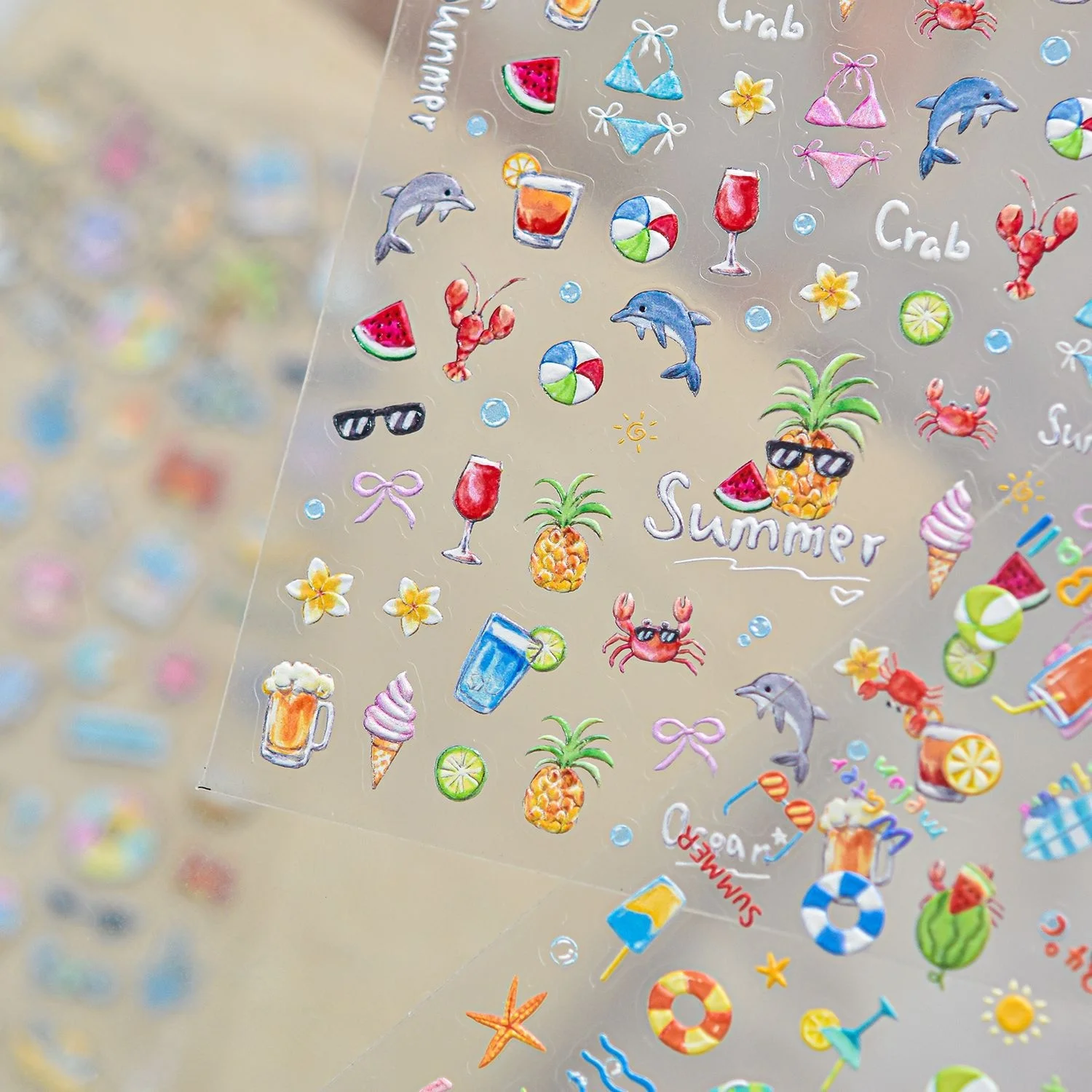 Ocean Island 5D Nail Stickers Seagull Starfish Conch Shell Palm Tree Beach Chair Drink Crab Ice Cream Sunglasses Vacation Decal