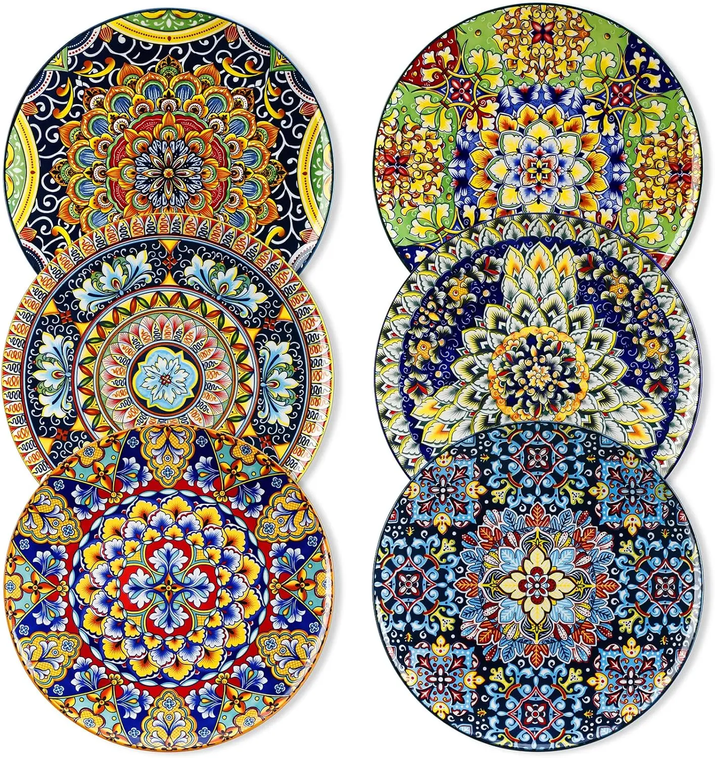 

6-Piece Ceramic Dinner Plates Set, 10.5 Inch, Microwave & Dishwasher Safe, Colorful Bohemian Style for Kitchen