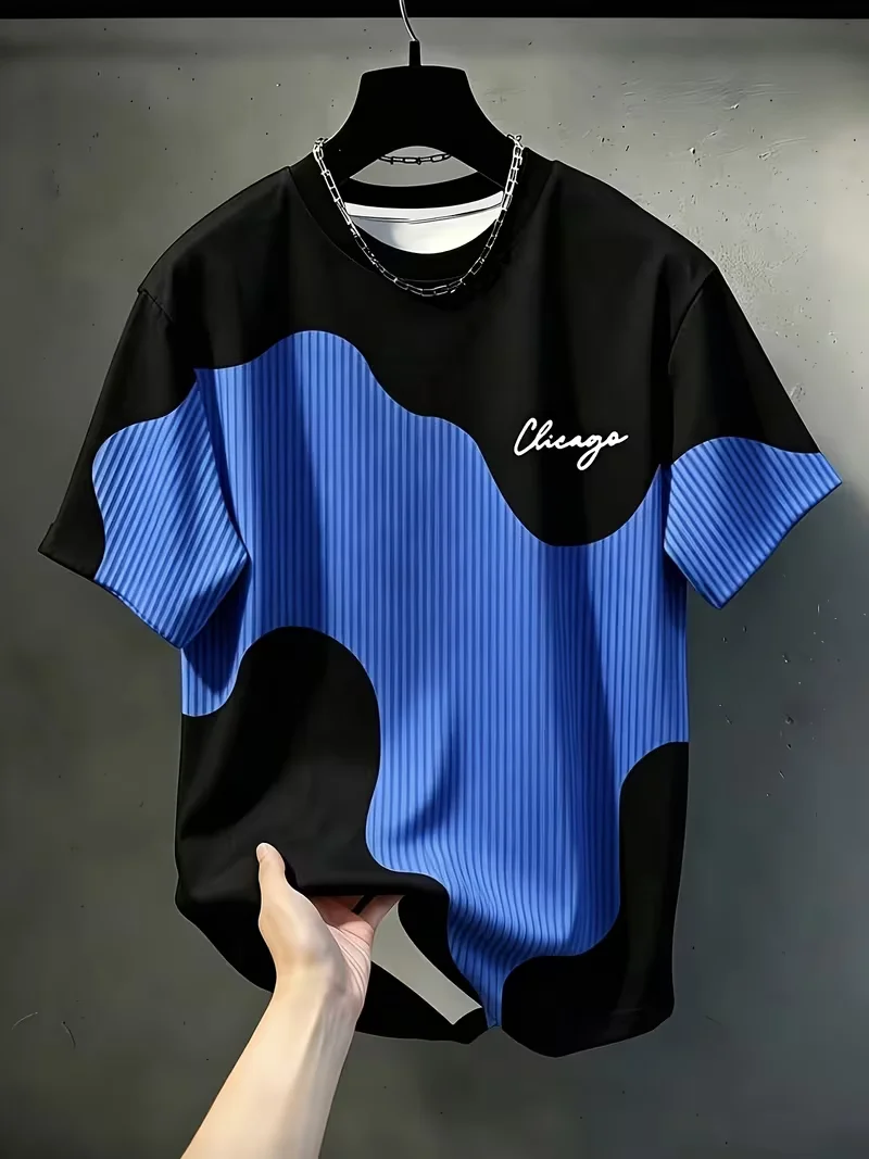Men'S Casual Round Neck T-Shirt, Geometric Pattern Patchwork Striped Design, 