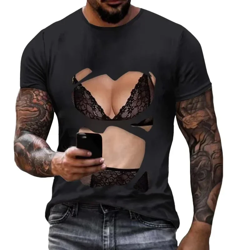 Men's Realistic Muscle Tattoo Print T Shirt Casual Crew Neck Short Sleeve Tees Funny 3D Graphic Tops for Gym and Humorous Style