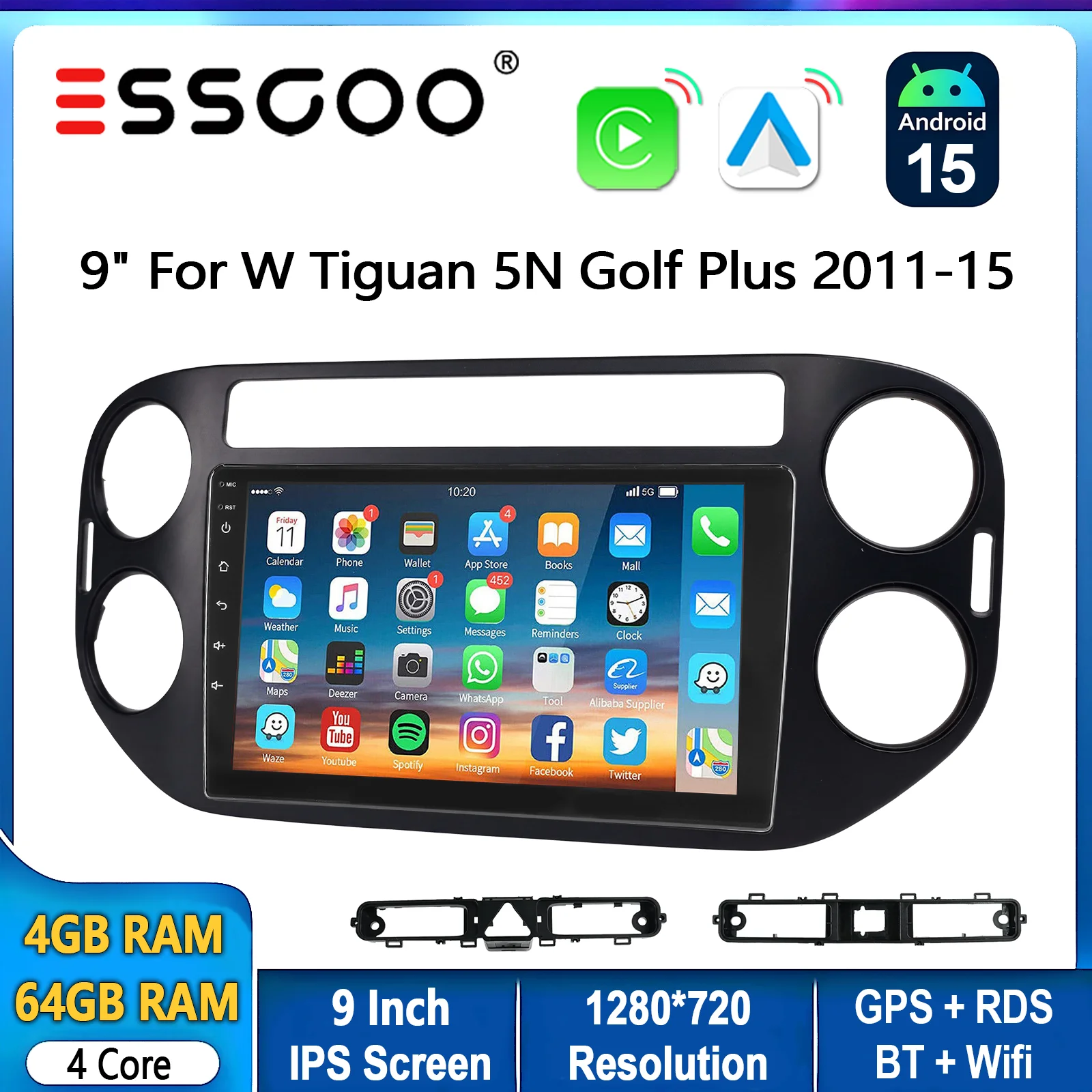 ESSGOO 9-Zoll Android 15 Kabelloses Carplay Autoradio für VW Tiguan 5N 2007-16 GPS Navi BT RDS SWC FM WLAN IPS Touchscreen Mirror Link