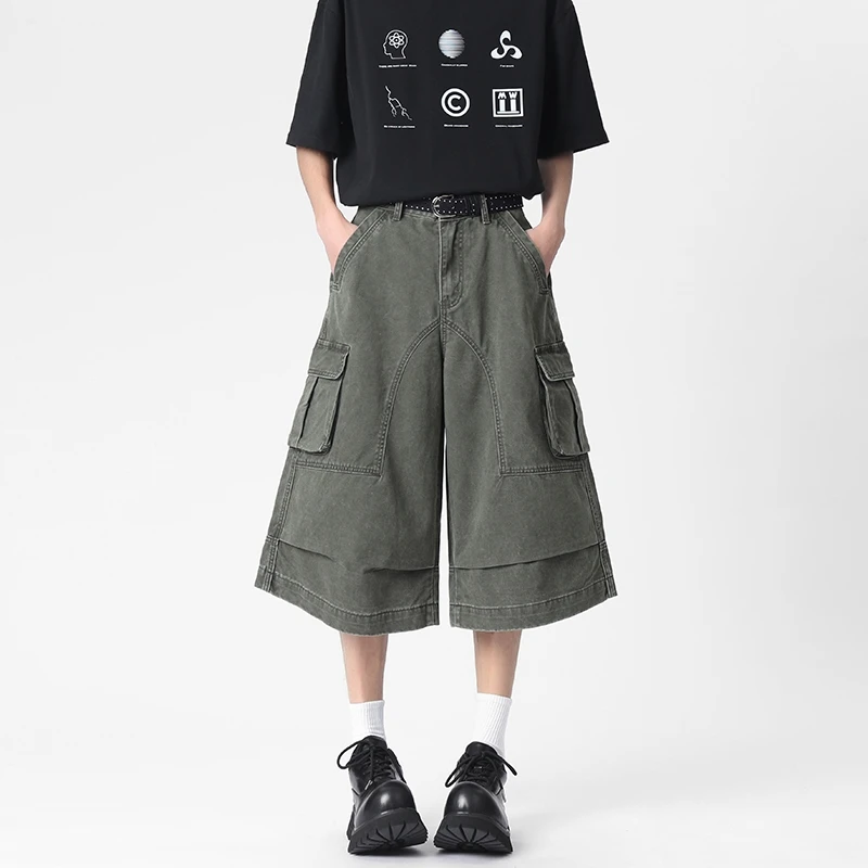 Pleated Washed Patchwork Workwear Men's Shorts Folded Hem Design Wide Leg Loose Casual Knee Length Pants Summer New WBZG