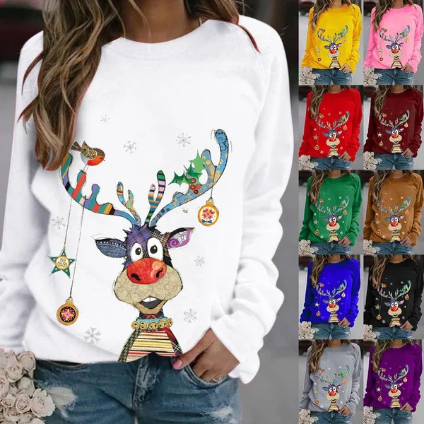 Womens Printed Sweatshirt Christmas Novelty Jumpers Xmas T-shirt Tops Long Sleeve Crewneck Casual Pullover shirt Plus Size S-6XL