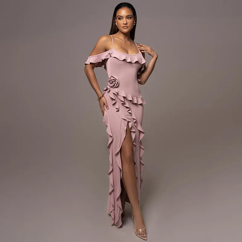 Wiosna 2025 Seksowna Moda Kolor Bal Split Splicing Strap Dr Wysoki Stan Materiał z Włókna Mlecznego z Dodatkiem Jedwabiu