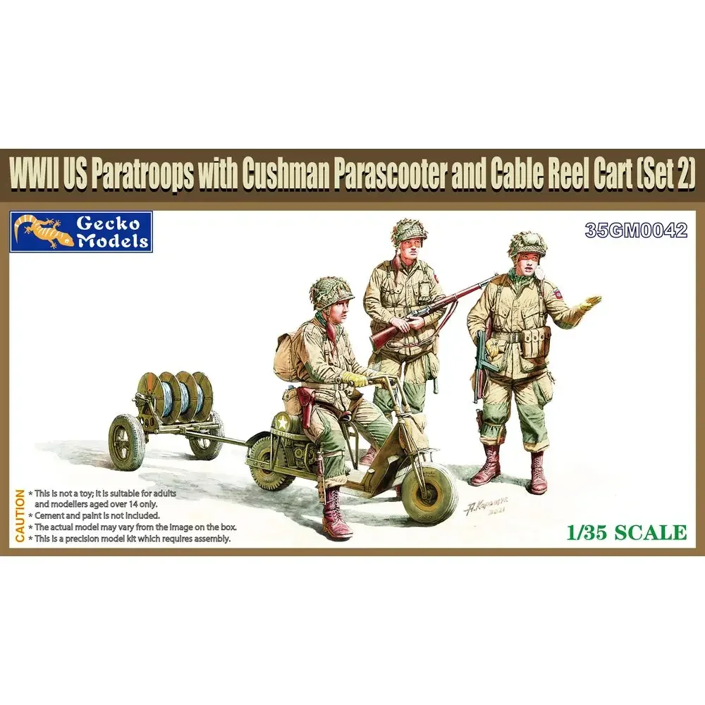 Gecko Models 35GM0042 1/35 WWII US Paratroops with Cushman Parascooter and Cable Reel Cart - Scale Model Kit