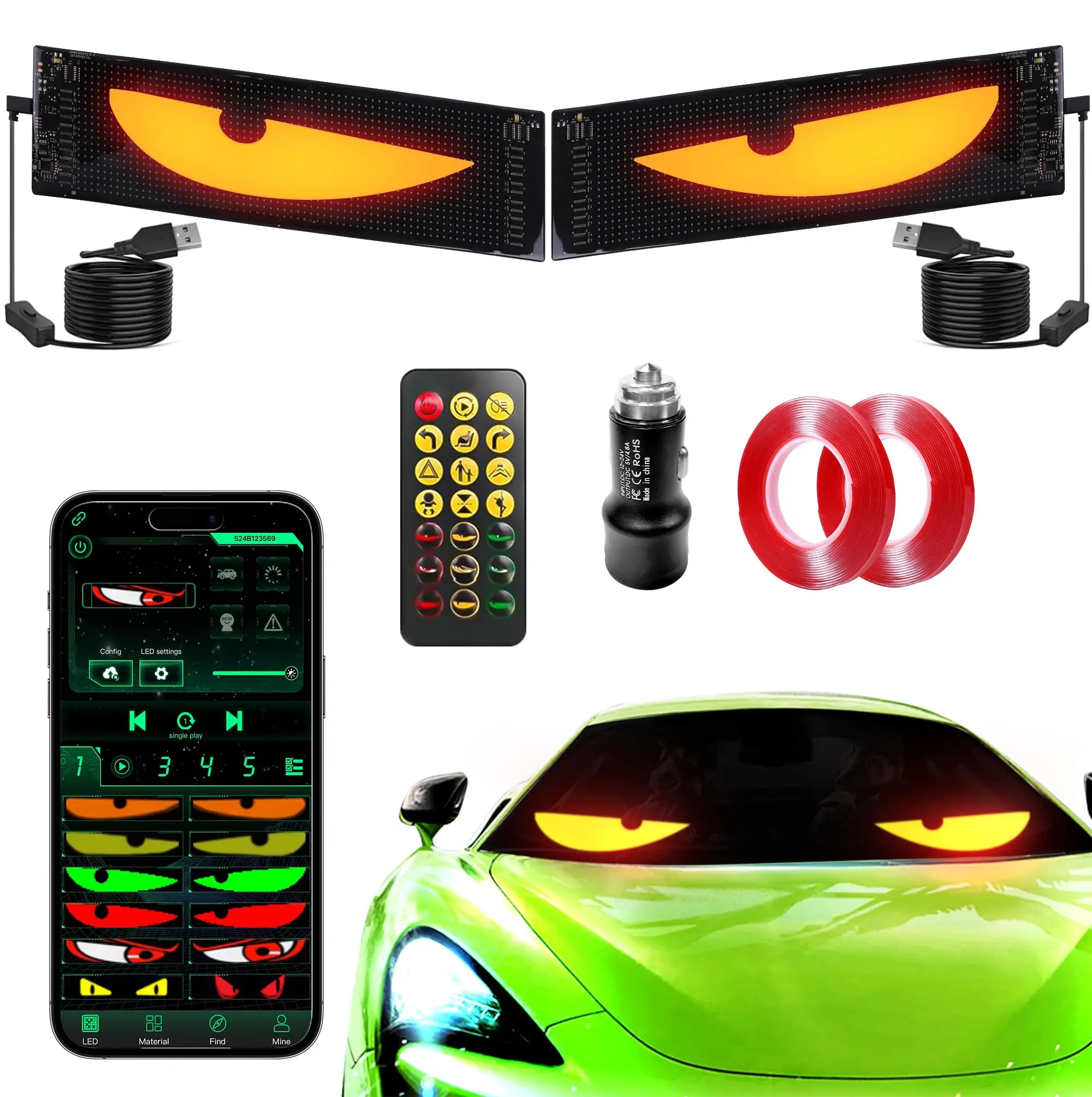 

AI Voice Control Devil Eyes Light Flexible RGB LED Display Panel APP Programmable Pixel Screen Car Windshield Soft Light Board