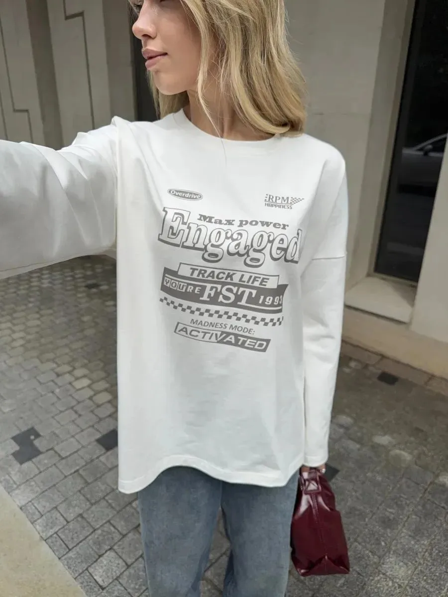 Spring  Autumn Women's 100% Cotton Vintage Race Car Theme Text Print Long Sleeve Top  Loose Casual T‑Shirt Ins Streetwear