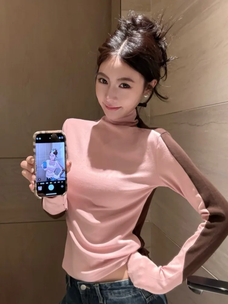 

Korean Style Half High Collar Long Sleeve Knitted T-Shirt Women's Base Layer Shirt Color Block Fashionable Autumn New Arrival