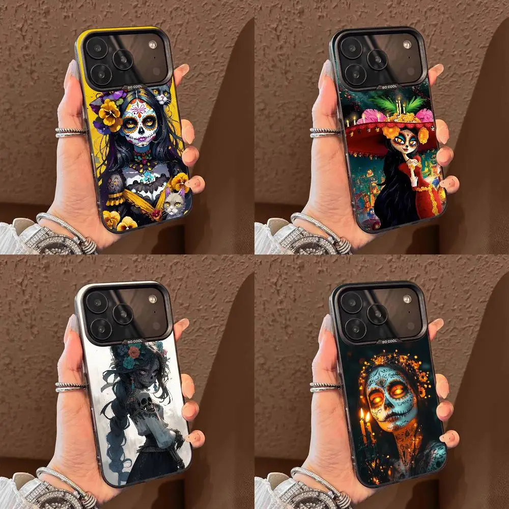 

Skull Girl Catrina Day of the Dead Mexica Phone Case For iPhone 17,16,15,14,13,12,11,Pro,Max,Plus,E,Air,Mini Black Tpu Cover
