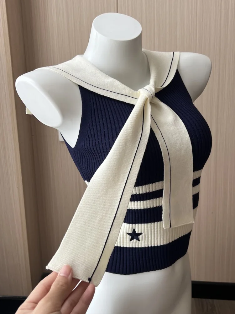 Korean Girl Fashion Casual Y2K Slim Fit Knitted Tank Top For Women Summer Small Fragrant Blue And White Striped Sweater Pullover