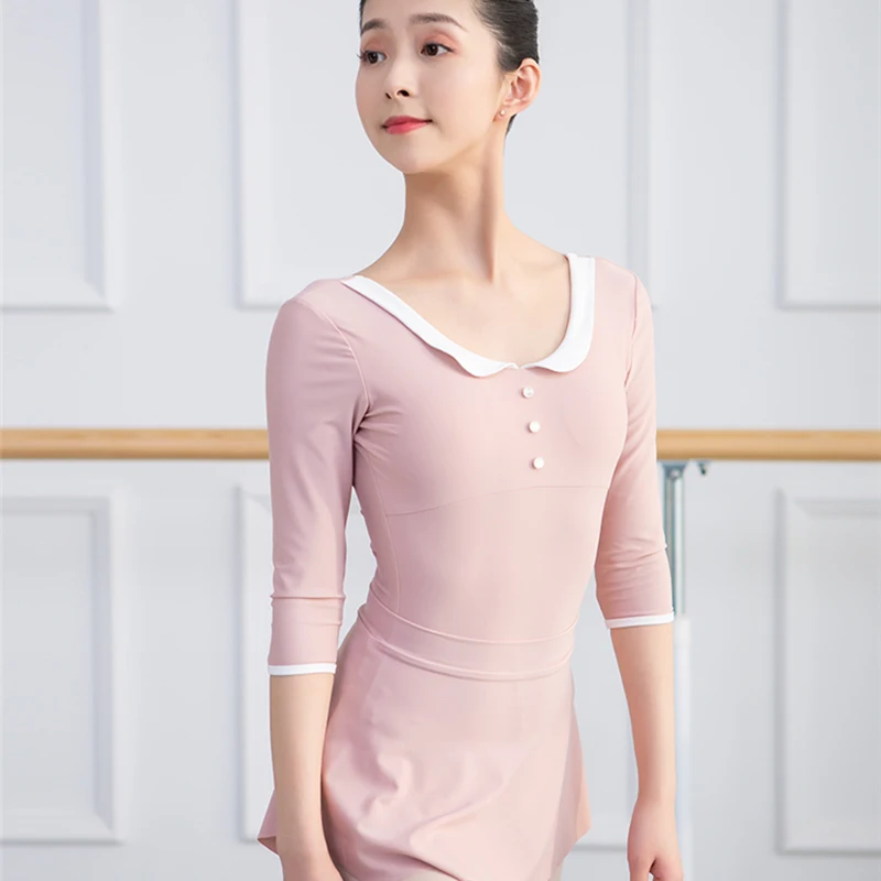 Doll Collar Middle Sleeve Basic Training Leotard+Skirt Set Col Claudine Freshing Lady Daily Practice Ballet Dance Leotards