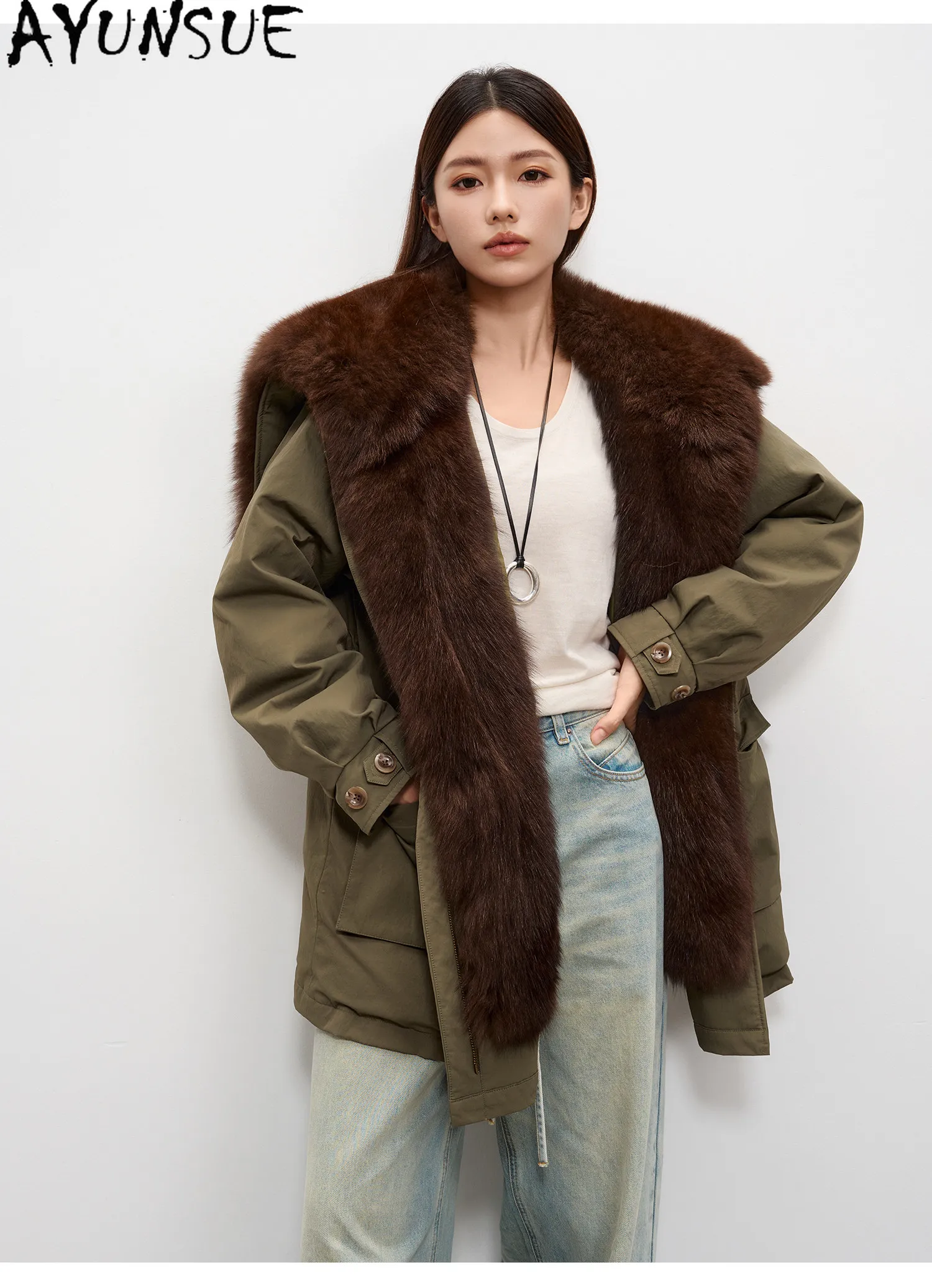 AYUNSUE 90% White Goose Down Coat Womens Winter Clothes Oversized Fox Fur Collar Mid Length Parka Female Loose Fit Clothing 2026