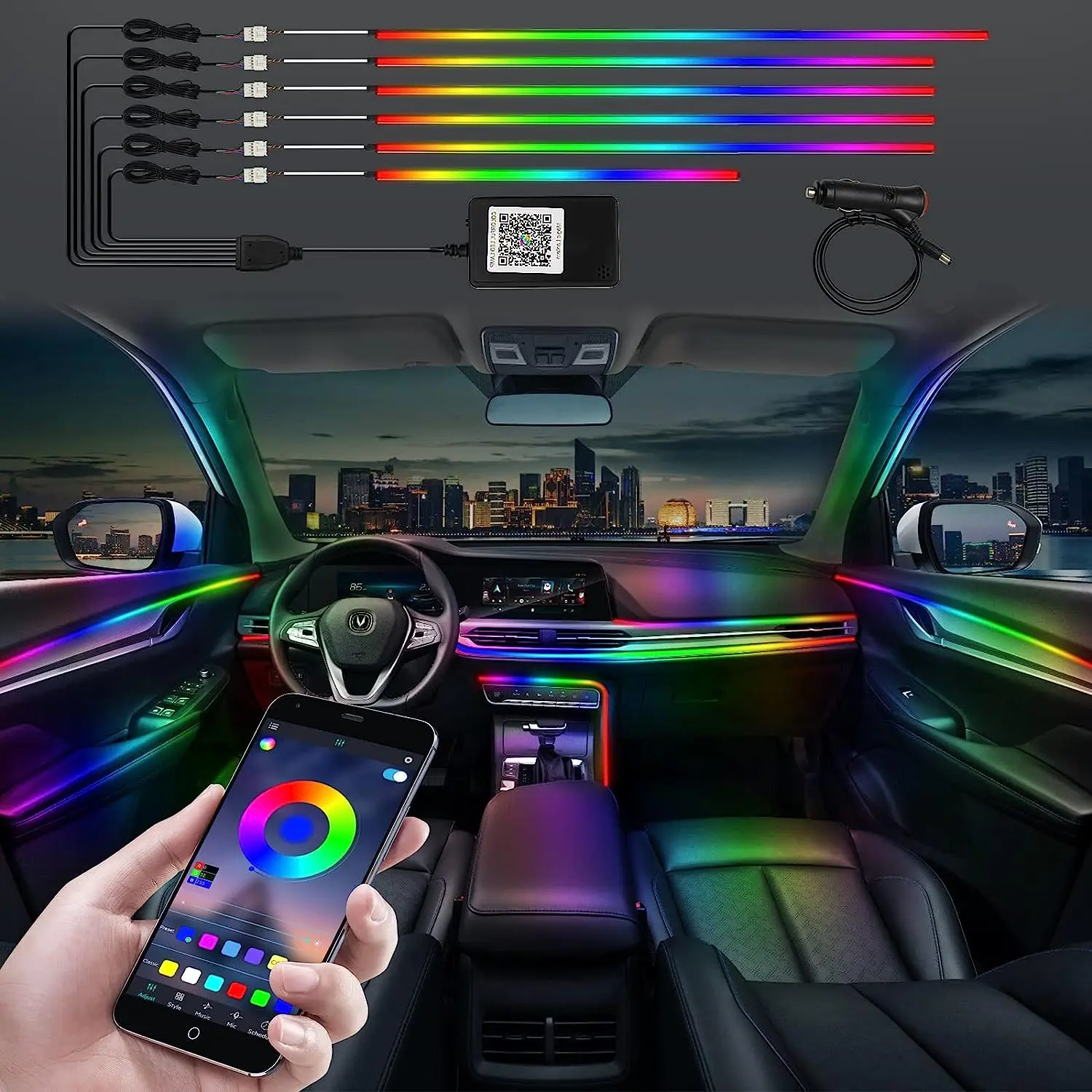 

6 IN1 Symphony Car Ambient Light Full Color Streamer Rainbow LED Strip Light Acrylic Guide Car Interior Atmosphere Lamp With USB