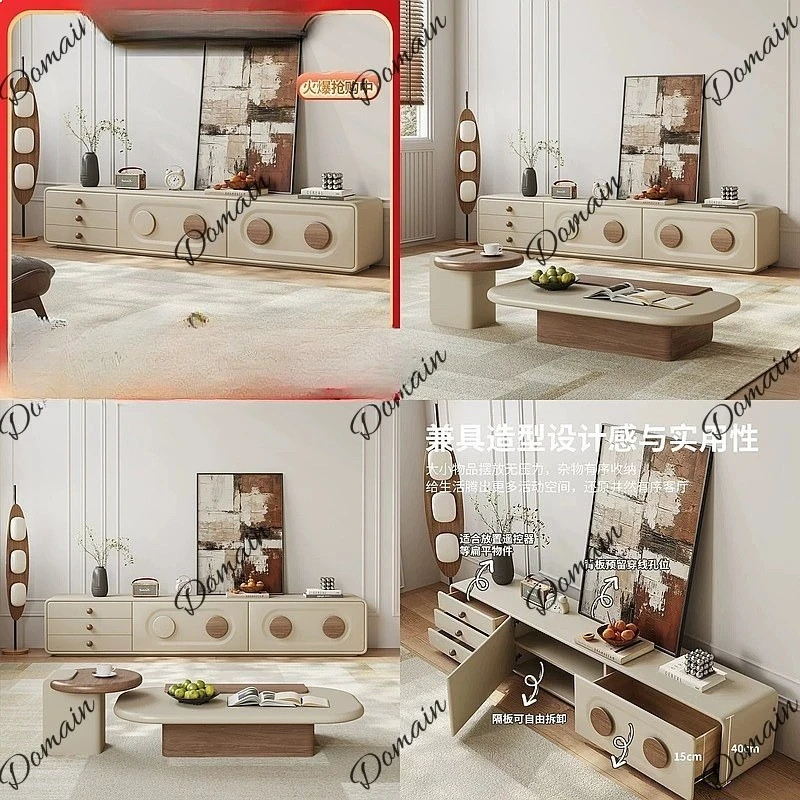 Modern Rectangle TV Cabinet & Coffee Table Set, High Gloss Paint, Living Room Cream Style Storage Sideboard