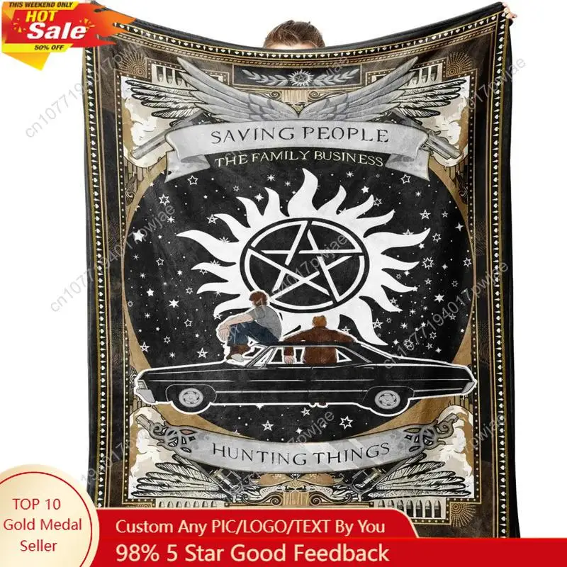 Figure & Sun Pattern Flannel Blanket, 1 Count Hunting Things Themed Casual Soft Throw Blanket with Storage Bag Cozy Blanket Thr