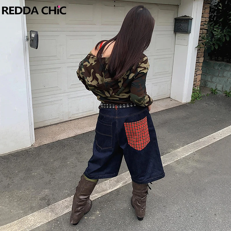 

Женские красные клетчатые джинсовые шорты REDDACHiC в стиле хип-хоп, черные винтажные повседневные мешковатые джинсовые шорты в стиле пэчворк с низкой талией, уличная одежда Y2k