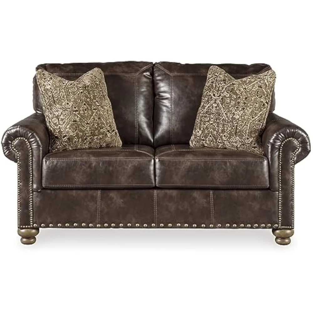 Nicorvo Vintagel Faux Leather Loveseat with Gold Nailhead Trim, Brown