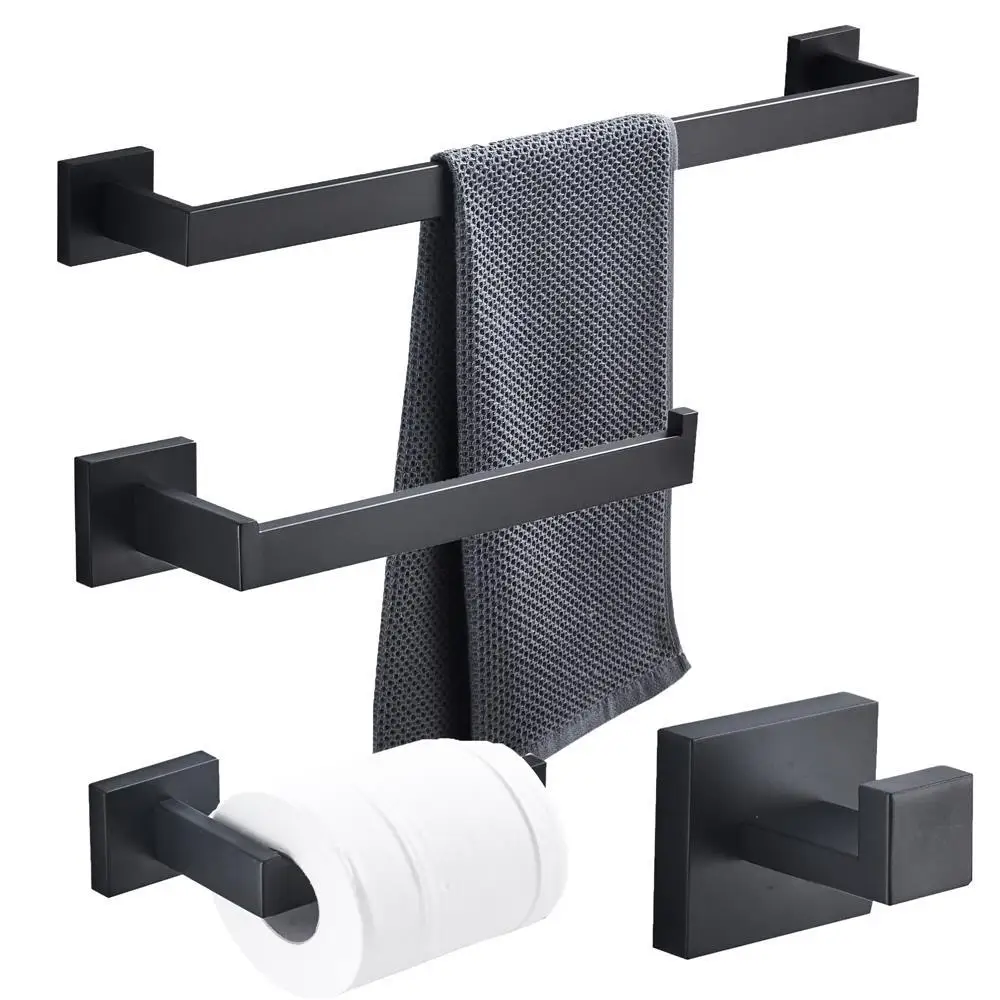 

4 Pieces Wall Mounted Matte Black 304 Stainless Steel Paper Holder and Towel Bar Set Toilet Bathroom Accessories Set