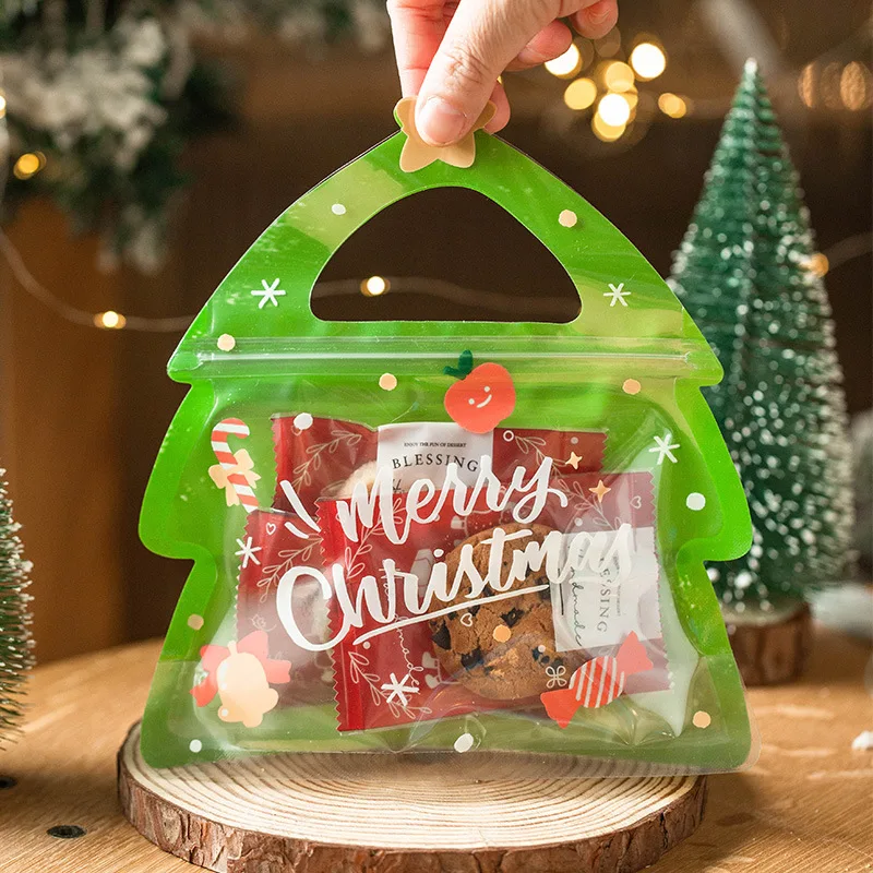 8pcs Christmas Tree Bags Green Self-sealing Bag Snack Cookie Packaging Storage Bag Xmas New Year Party Decoration Supply