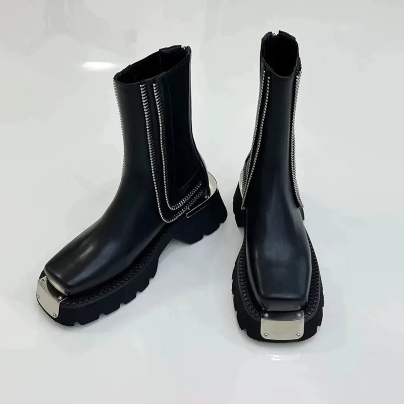 

British Style Metal Decorative Leather Mid-Tube Knight Boots Thick-Soled Black Handsome Square-Headed Locomotive Short Boots