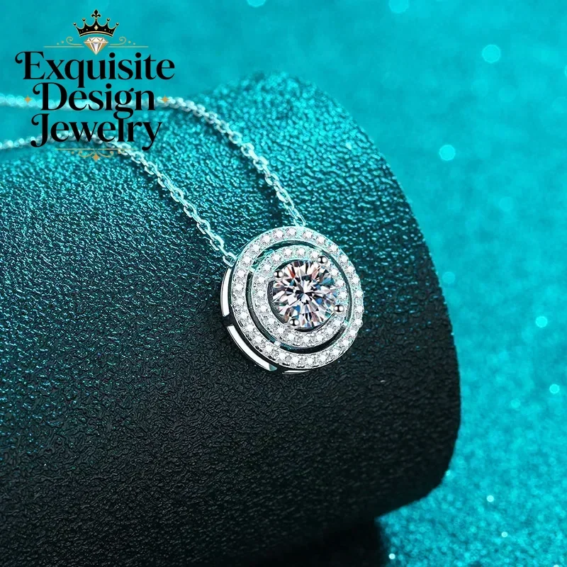 Sparkly 0.5/1/2ct Moissanite Necklace for Female, Platinum PT950 Double Halo Classic Round Pendant Wedding Jewelry