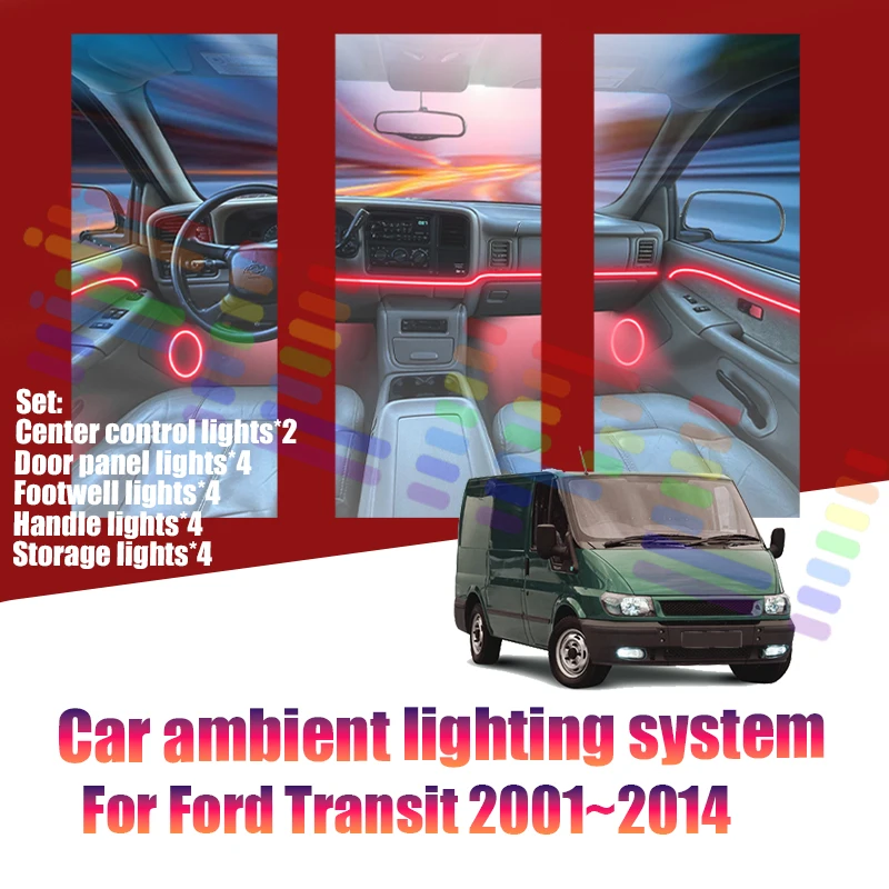 Luces LED Ambientales para Ford Transit 2001~2014 MK1, Luces de Atmósfera Coloridas, Tira de Neón Interior para Auto, Iluminación RGB de 64 Colores