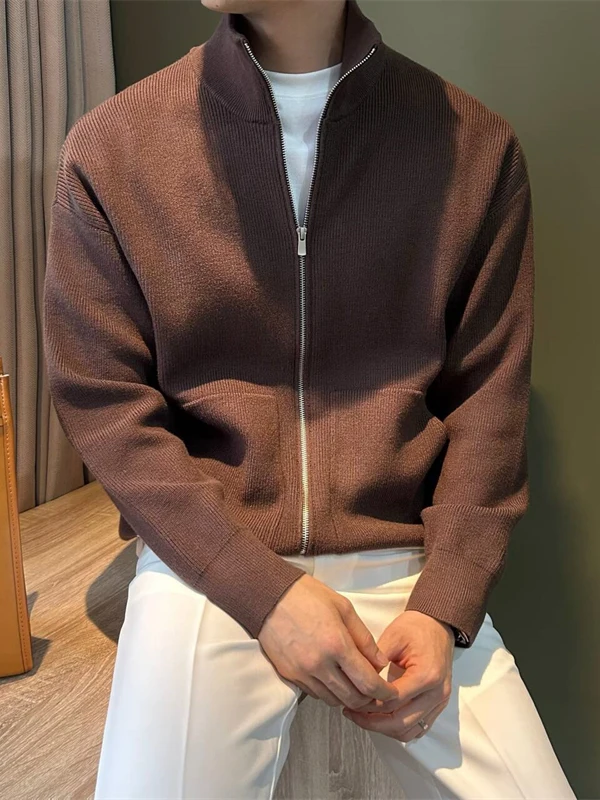 

Мужской повседневный вязаный свитер с боковыми карманами, воротником-стойкой, свободного кроя, на молнии, модный кардиган из полиэфирного волокна