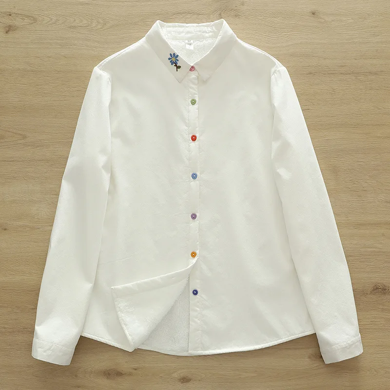 

Высококачественная женская хлопковая бархатная толстая теплая блузка, рубашка с вышитыми цветными пуговицами, женский ПР плюшевый белый бархатный топ с длинными рукавами